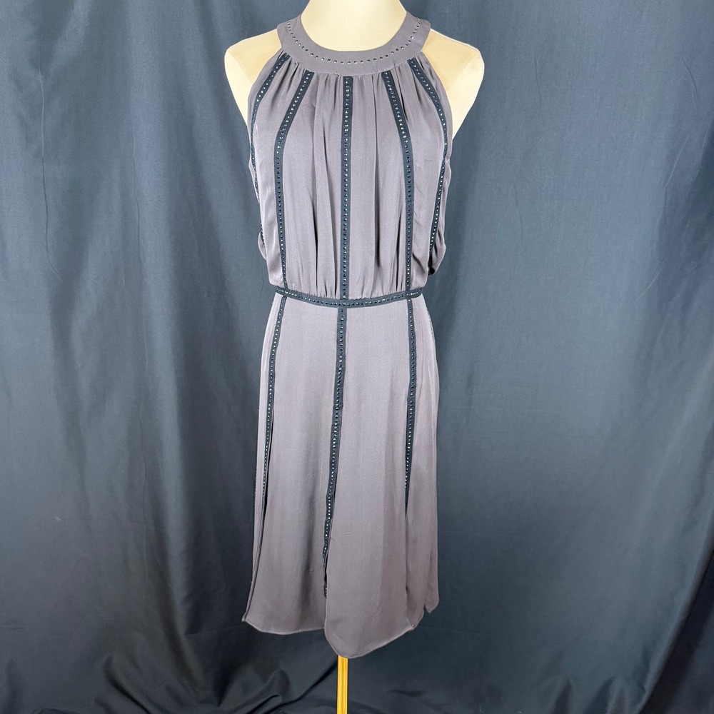 L'Agence Barneys New York Beaded Silk Chiffon Cocktail Dress Sz 6 Brown Gray EUC